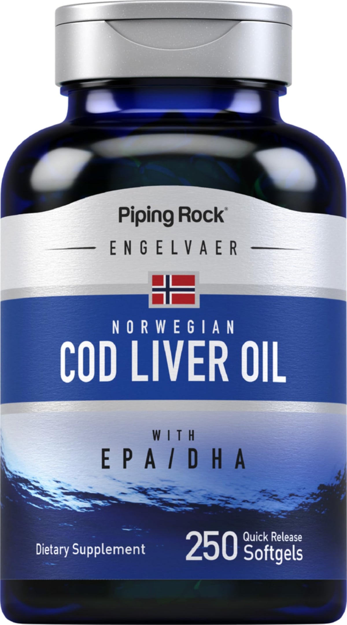 Piping Rock Cod Liver Oil softgels bottle for easy daily dosing.