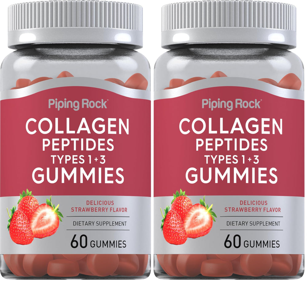 Piping Rock Collagen Gummies bottle highlight strawberry flavor for daily beauty support