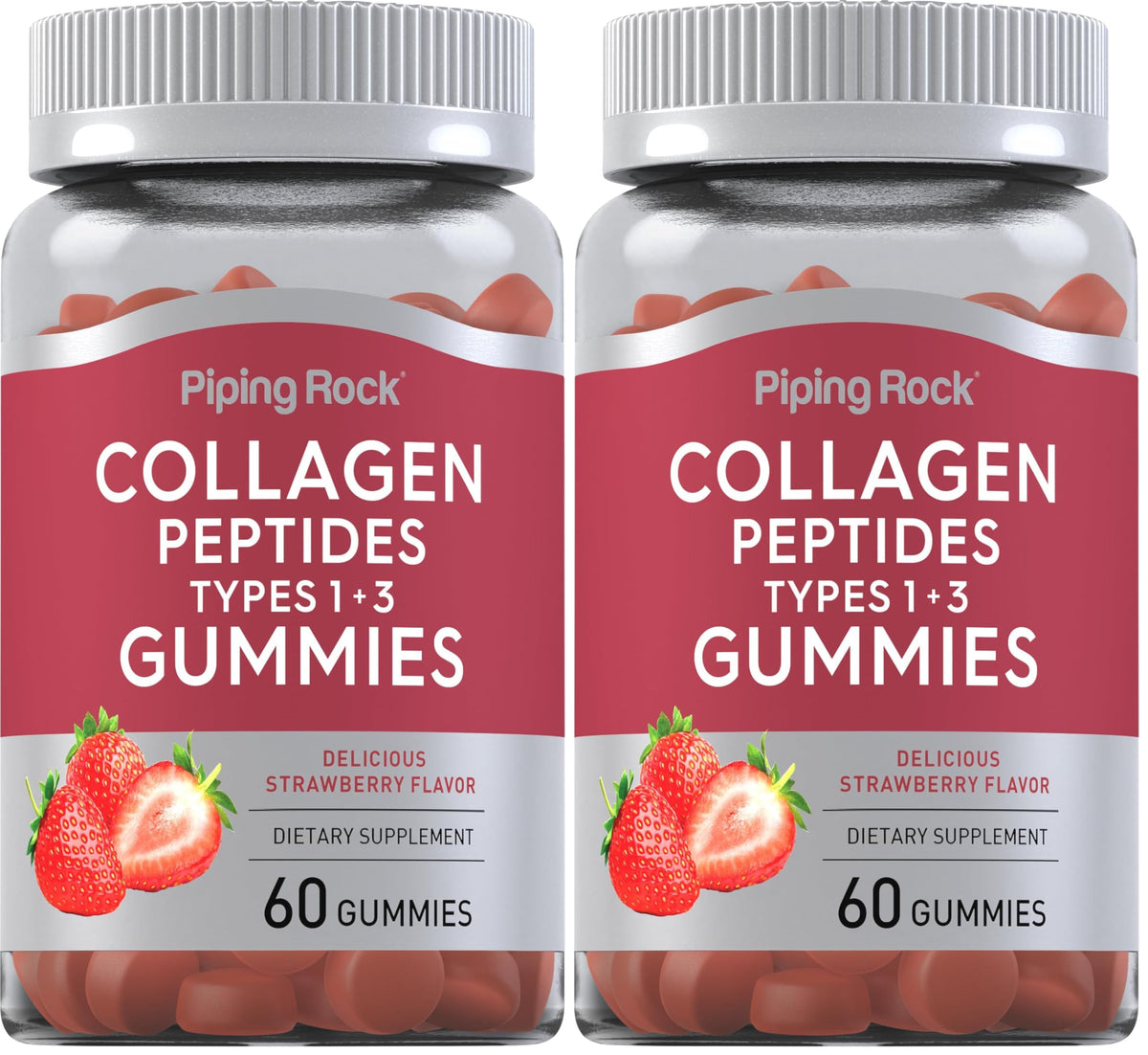 Piping Rock Collagen Gummies bottle highlight strawberry flavor for daily beauty support