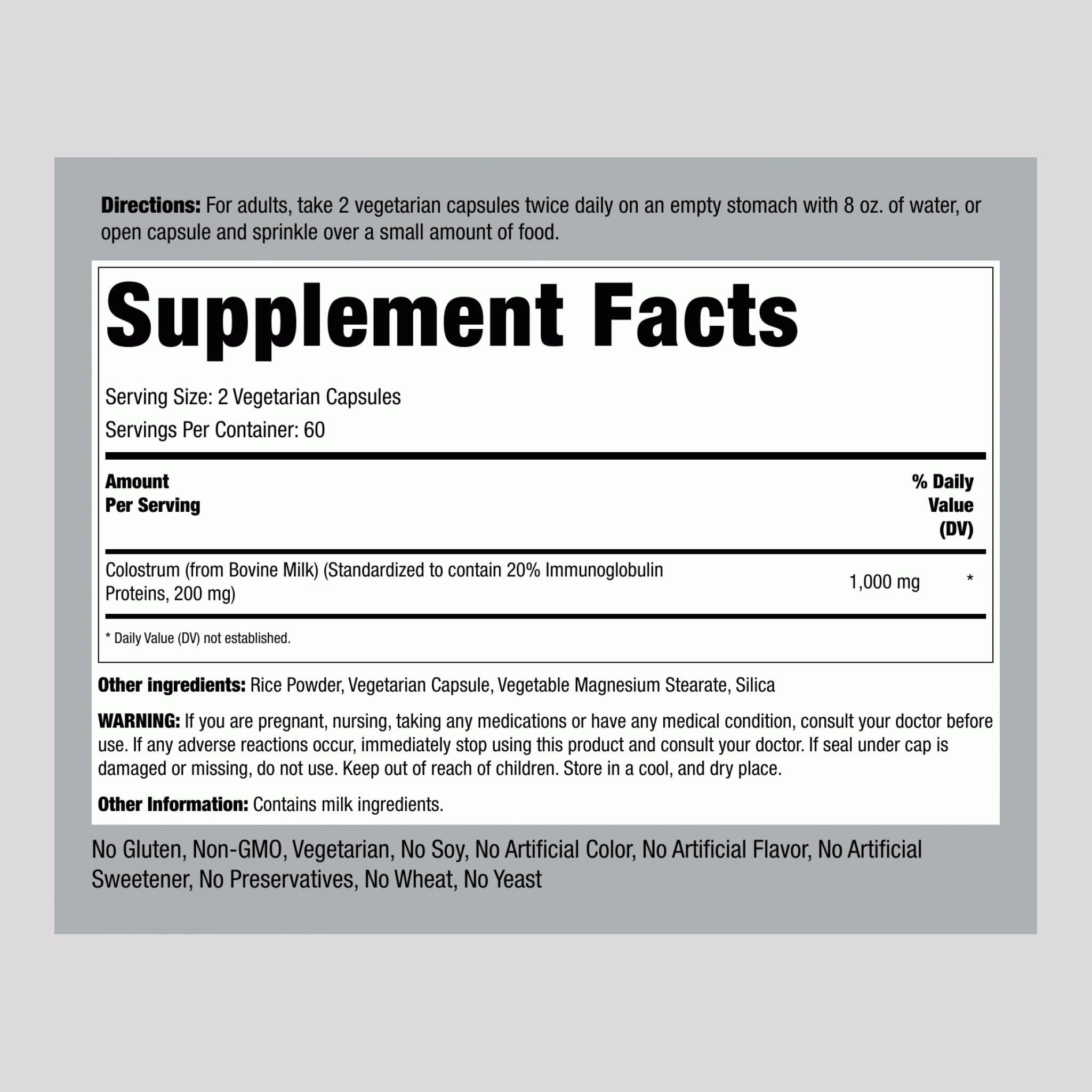 Piping Rock Colostrum label close-up showing 20% immunoglobulins standard.