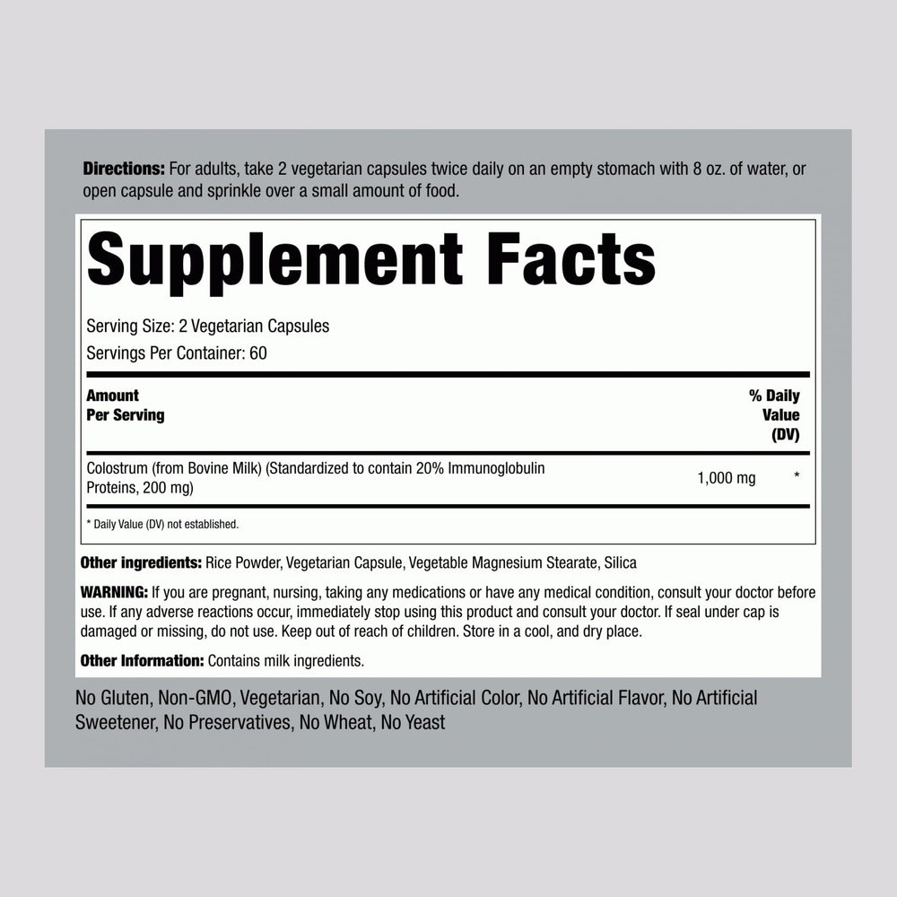 Piping Rock Colostrum label close-up showing 20% immunoglobulins standard.