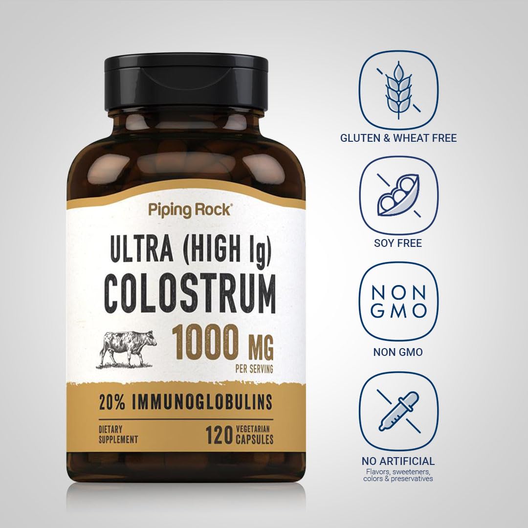 Piping Rock Colostrum capsules quick-release design for easy ingestion.