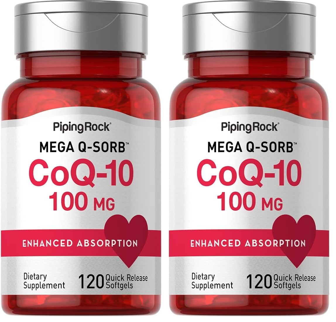 Piping Rock CoQ10 100mg softgels for easy daily ingestion.