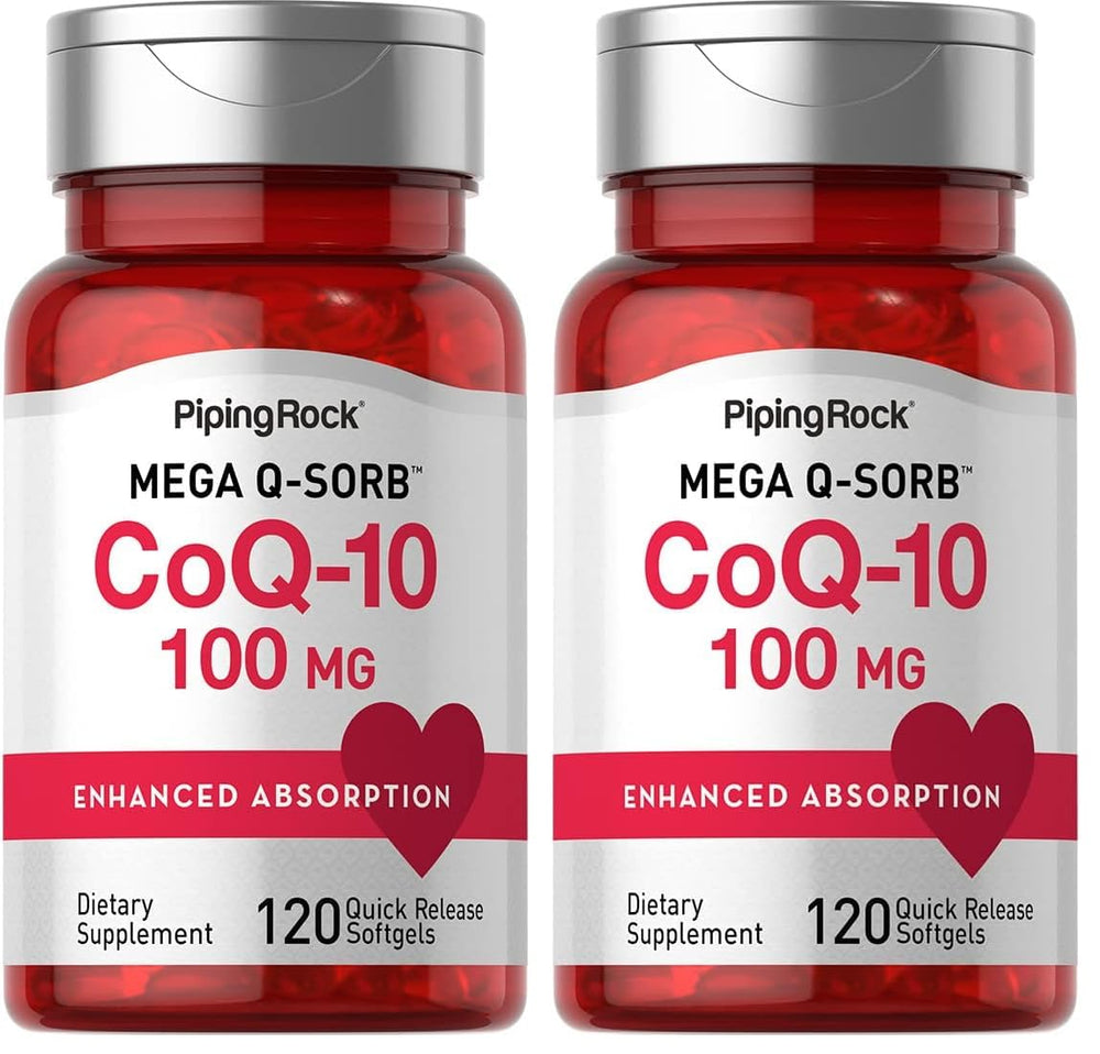 Piping Rock CoQ10 100mg softgels for easy daily ingestion.