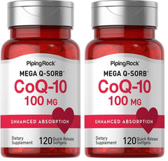 Piping Rock CoQ10 100mg softgels for easy daily ingestion.