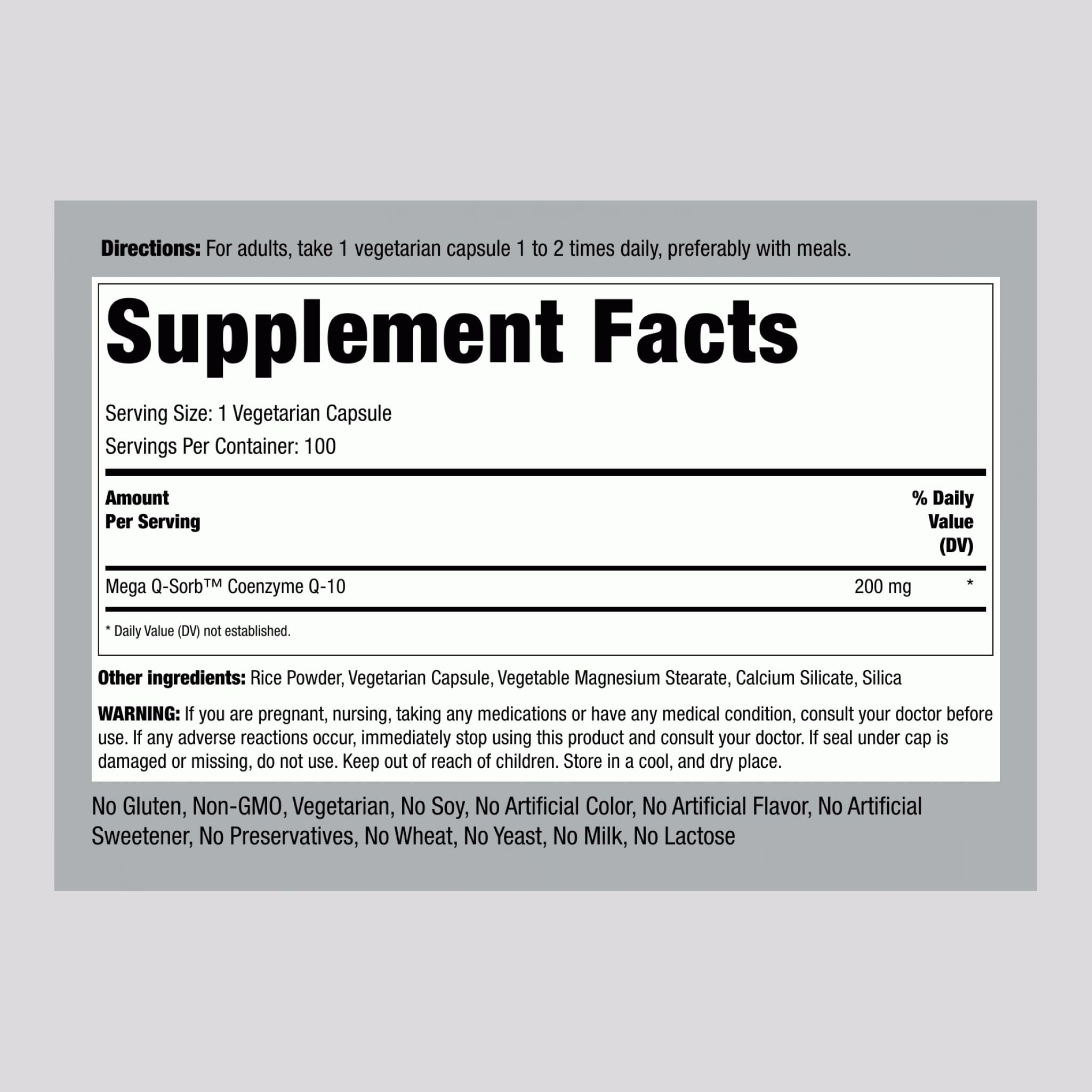 Piping Rock CoQ-10 200mg bottle back view showing label details for quality.