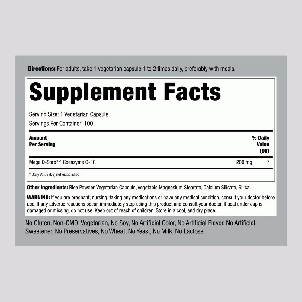 Piping Rock CoQ-10 200mg bottle back view showing label details for quality.