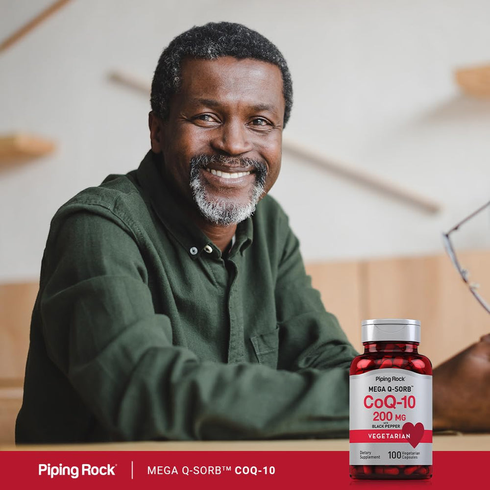 Piping Rock CoQ-10 200mg bottle on desk beside calm setting.