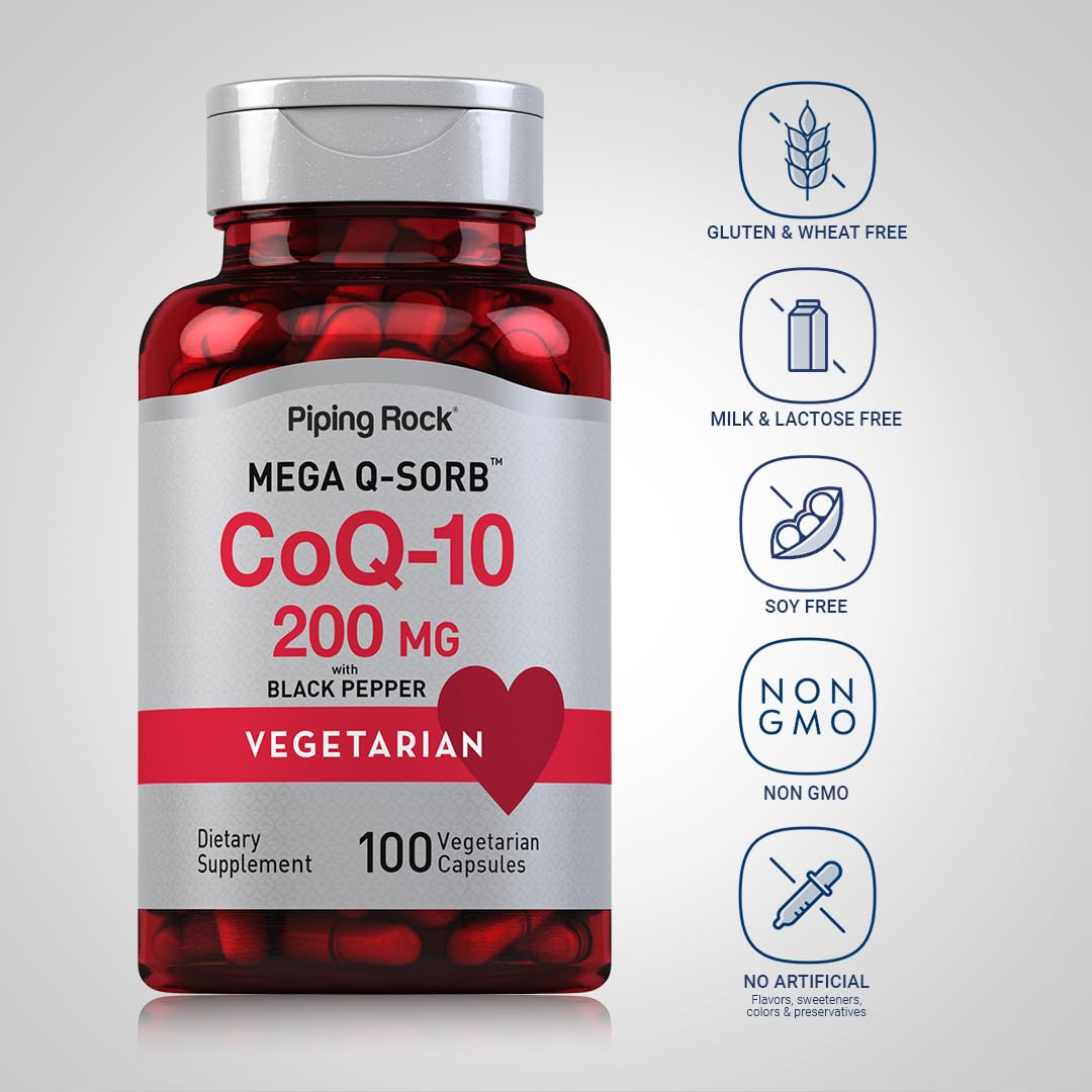 Piping Rock CoQ-10 200mg capsules closeup for daily supplement routine.