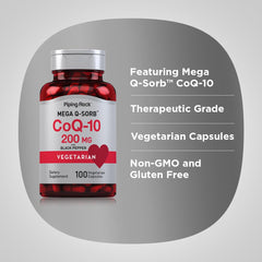Piping Rock CoQ-10 200mg ingredients label indicating non-GMO and gluten-free.