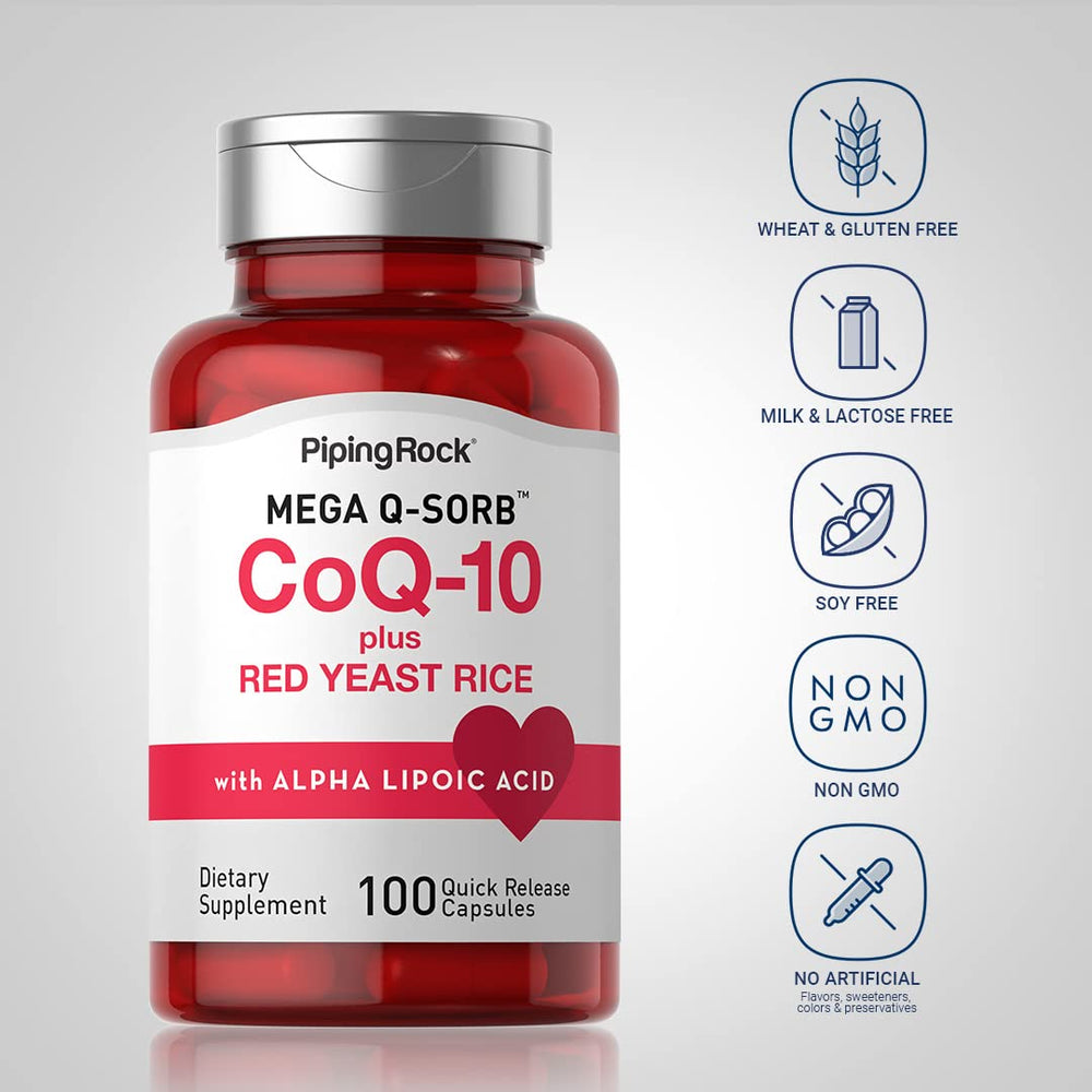 Piping Rock CoQ10 with Red Yeast Rice label close-up, therapeutic-grade quality