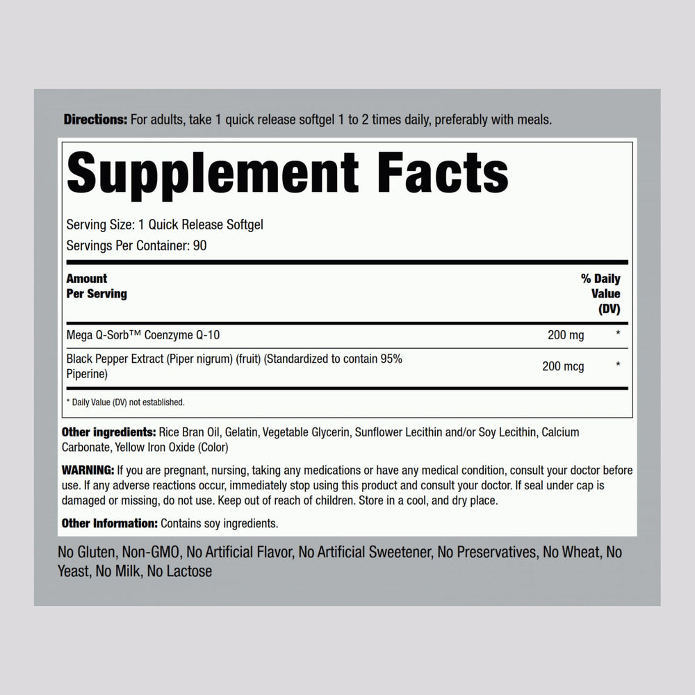 Piping Rock CoQ10 softgels with black pepper extract for absorption.