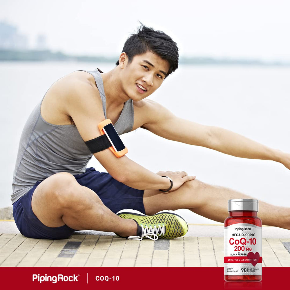 Piping Rock CoQ10 softgels shown in hand, on-the-go.
