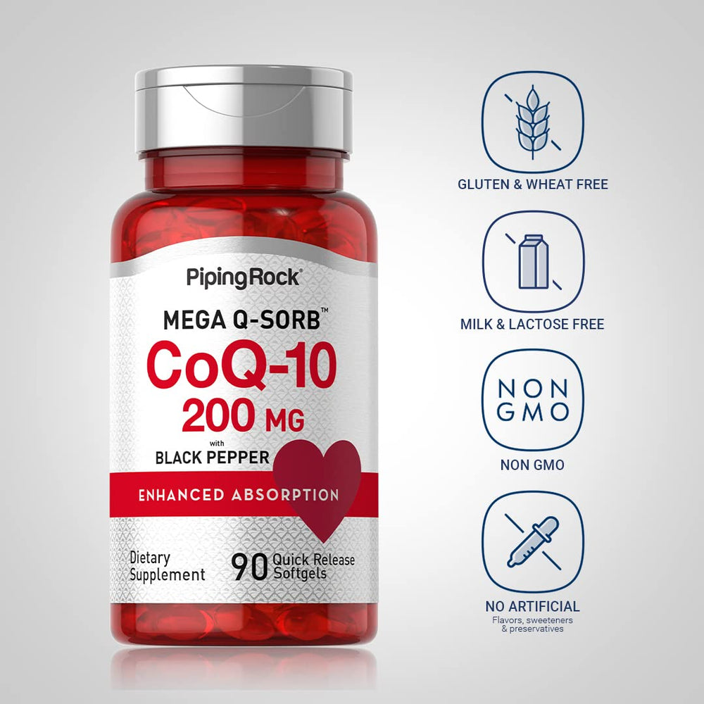 Close-up of Piping Rock CoQ10 softgels capsules, quick-release design.