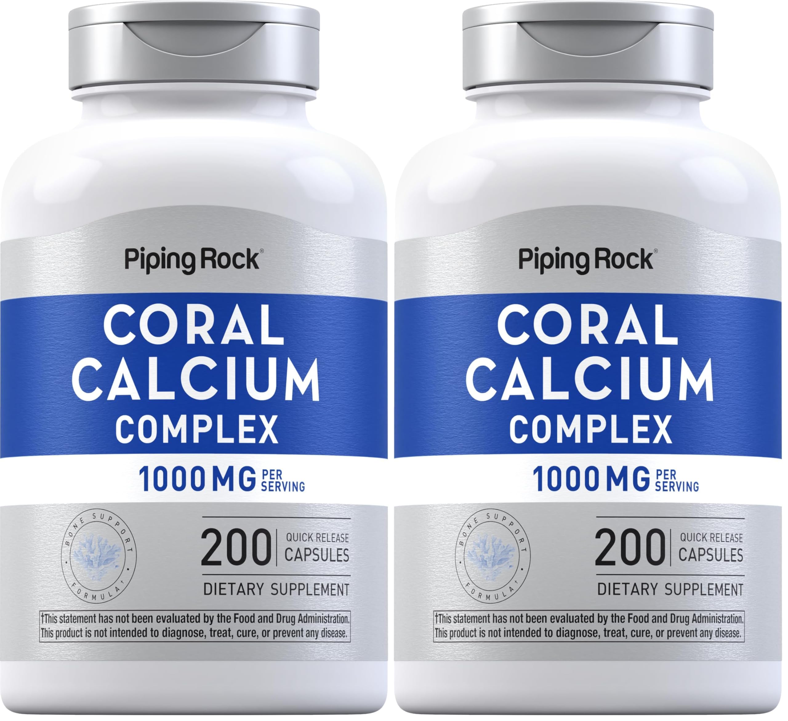 Piping Rock Coral Calcium bottle showing 1000 mg per serving for daily bone support.