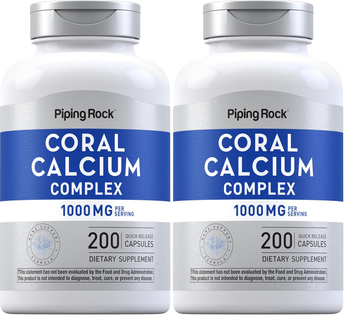 Piping Rock Coral Calcium bottle showing 1000 mg per serving for daily bone support.