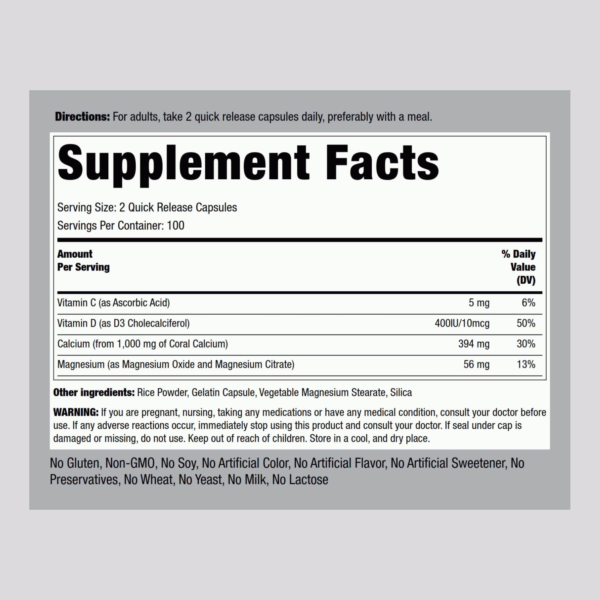 Piping Rock Coral Calcium capsules ready for quick daily supplementation with vitamins D and C.