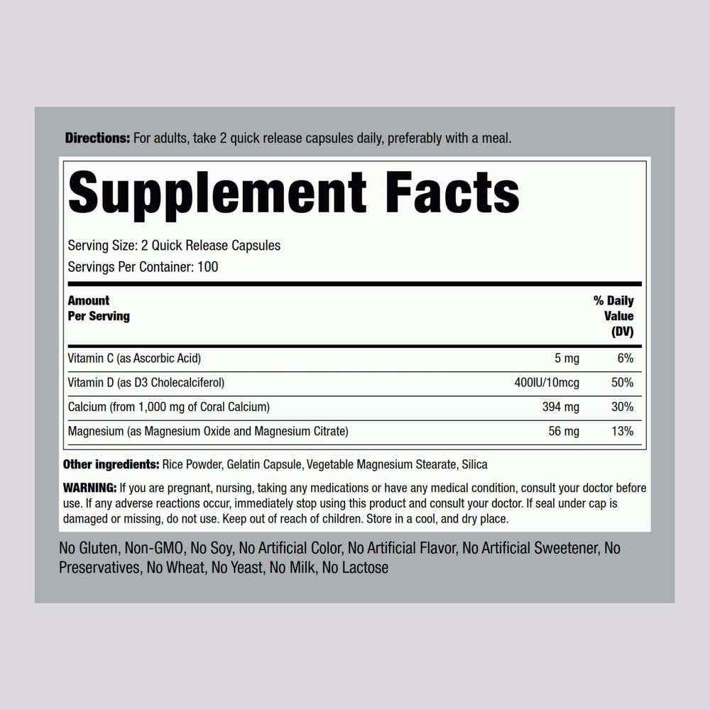 Piping Rock Coral Calcium capsules ready for quick daily supplementation with vitamins D and C.