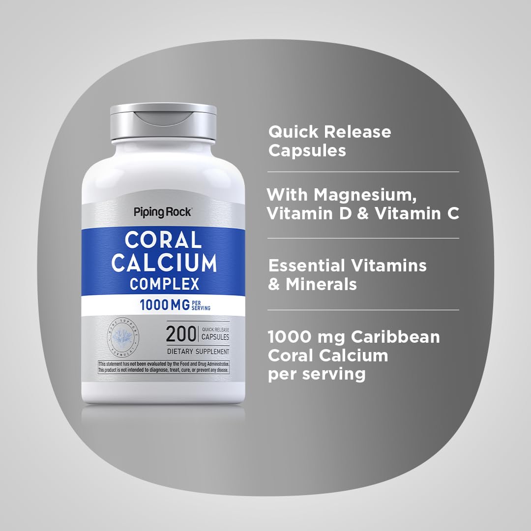 Piping Rock Coral Calcium packaging displaying Non-GMO and gluten-free features.