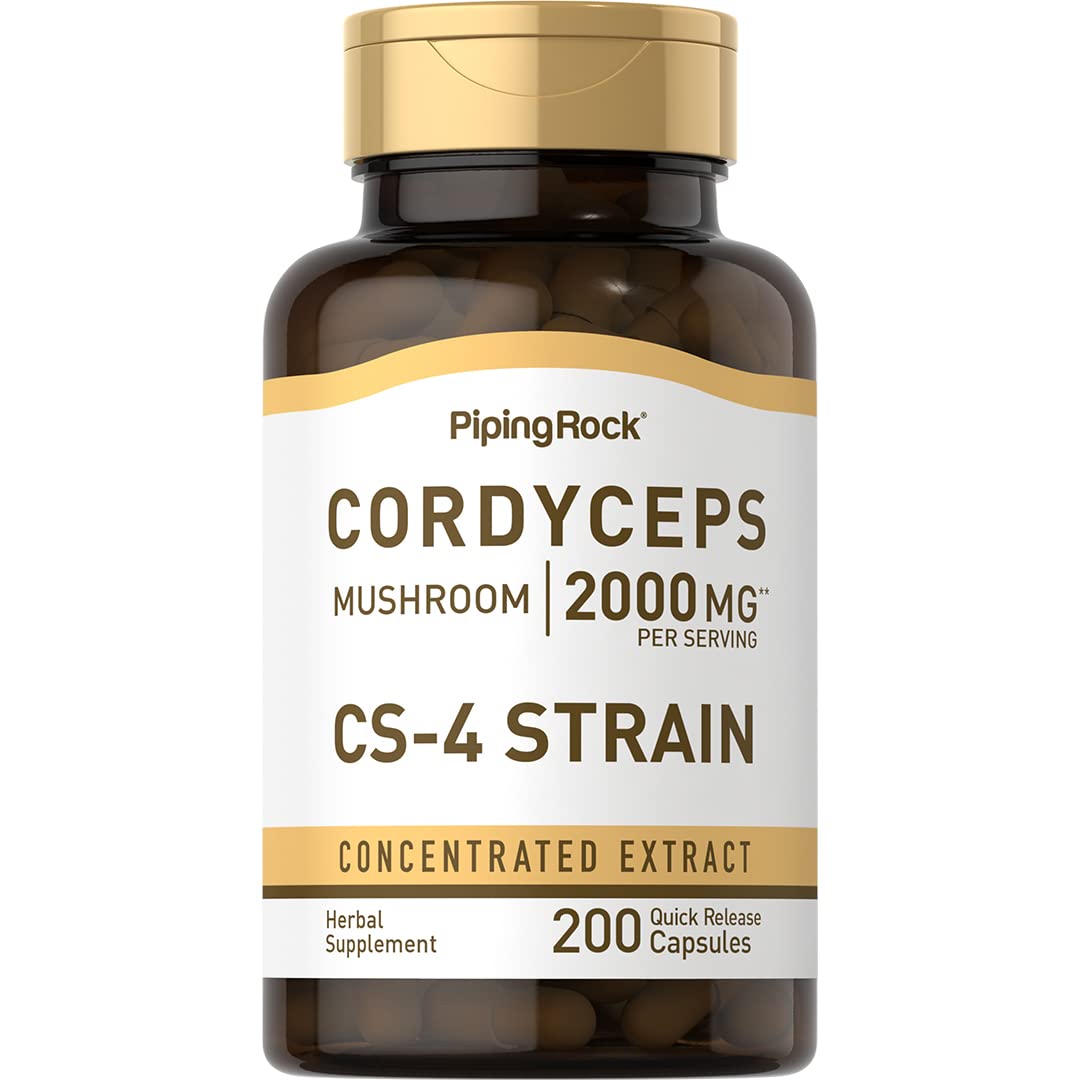 Piping Rock Cordyceps capsules in the bottle front for daily energy support.
