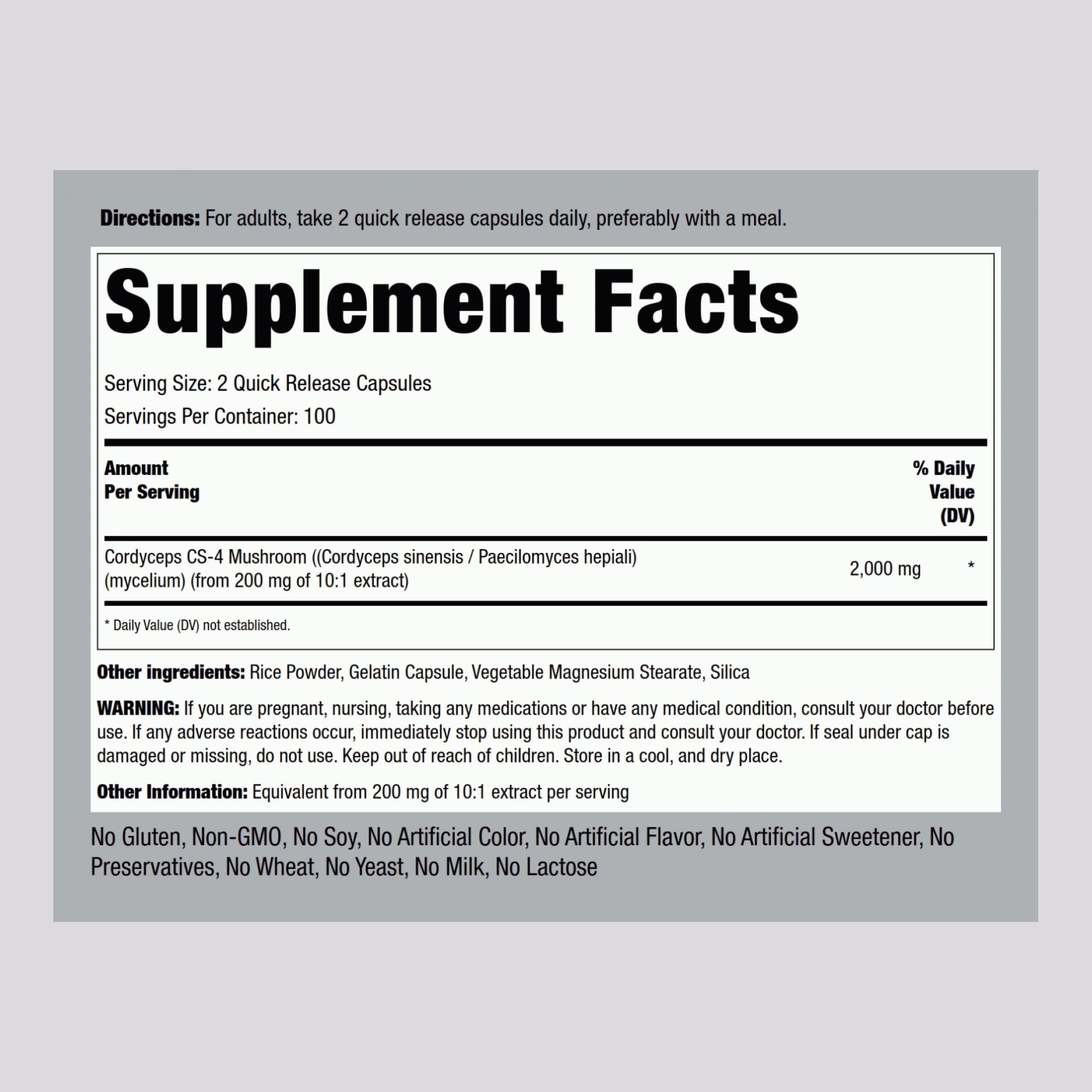 Piping Rock Cordyceps label closeup highlighting CS-4 concentrated extract for focus.