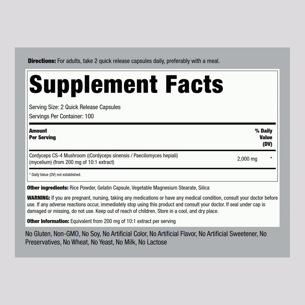 Piping Rock Cordyceps label closeup highlighting CS-4 concentrated extract for focus.