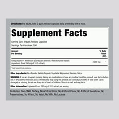 Piping Rock Cordyceps label closeup highlighting CS-4 concentrated extract for focus.