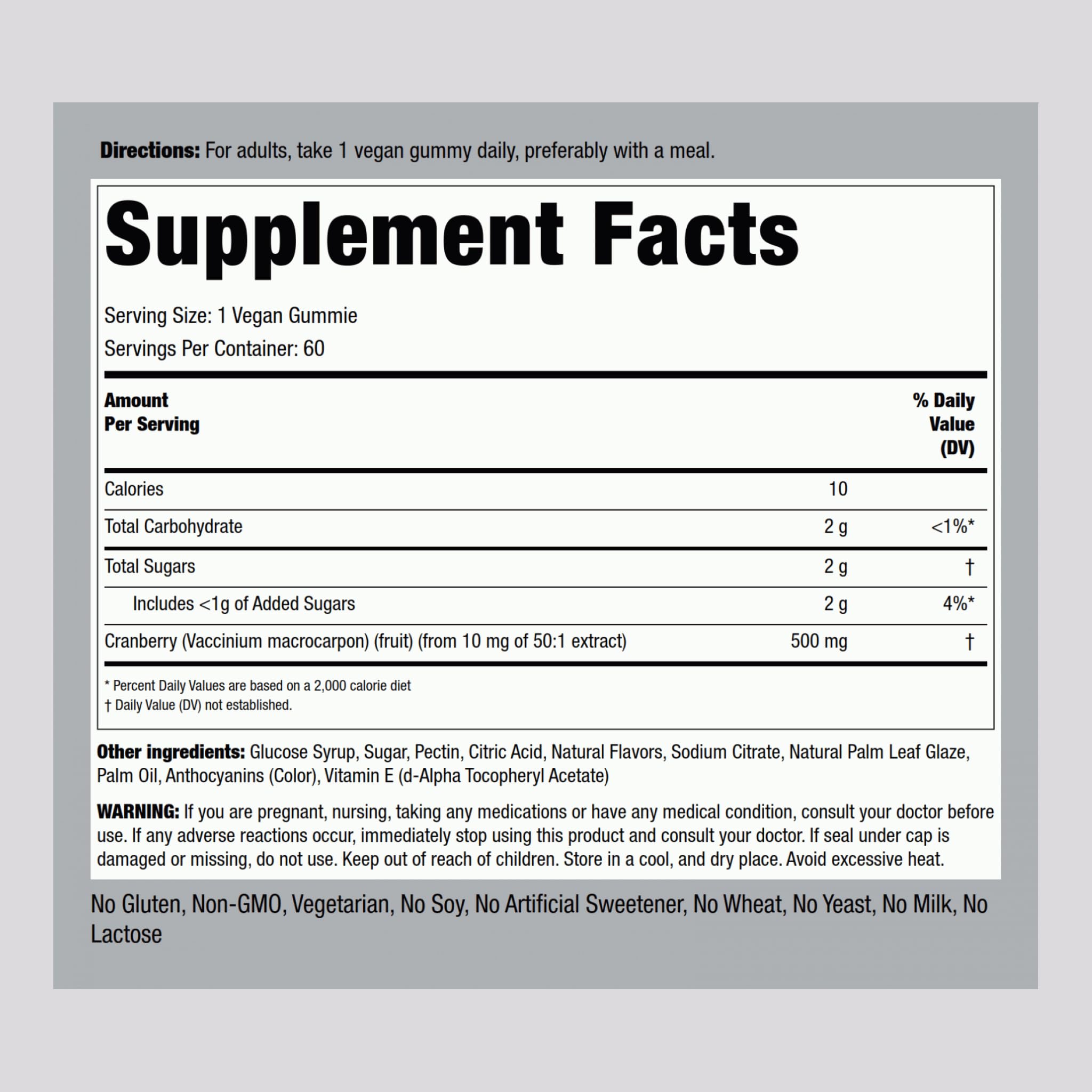 Piping Rock Cranberry Gummies packaging highlights non-GMO ingredients for clean daily use.