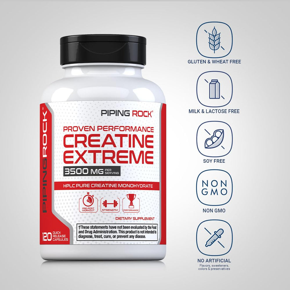 Piping Rock creatine monohydrate capsules closeup micronized form detail.