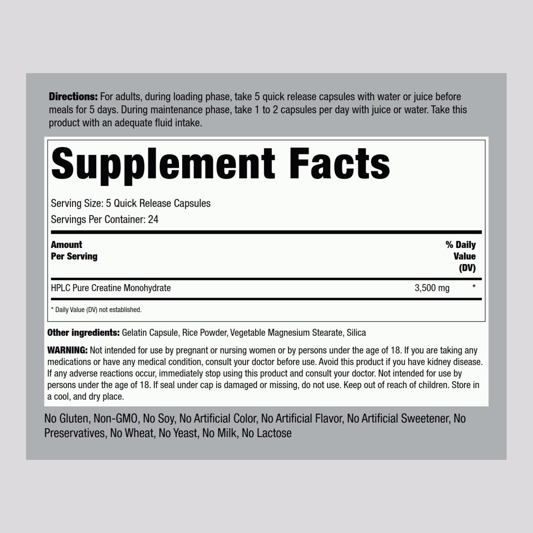 Close-up of Piping Rock Creatine Monohydrate capsules showing quick-release design