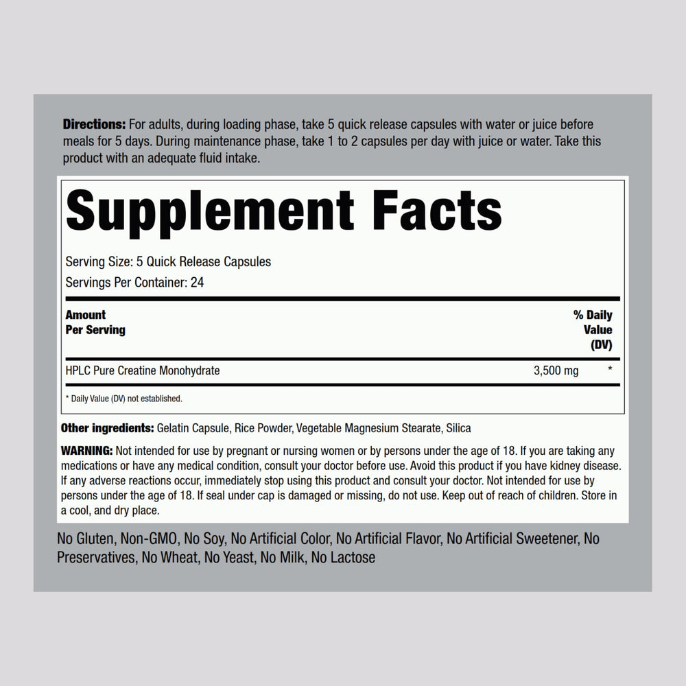 Close-up of Piping Rock Creatine Monohydrate capsules showing quick-release design
