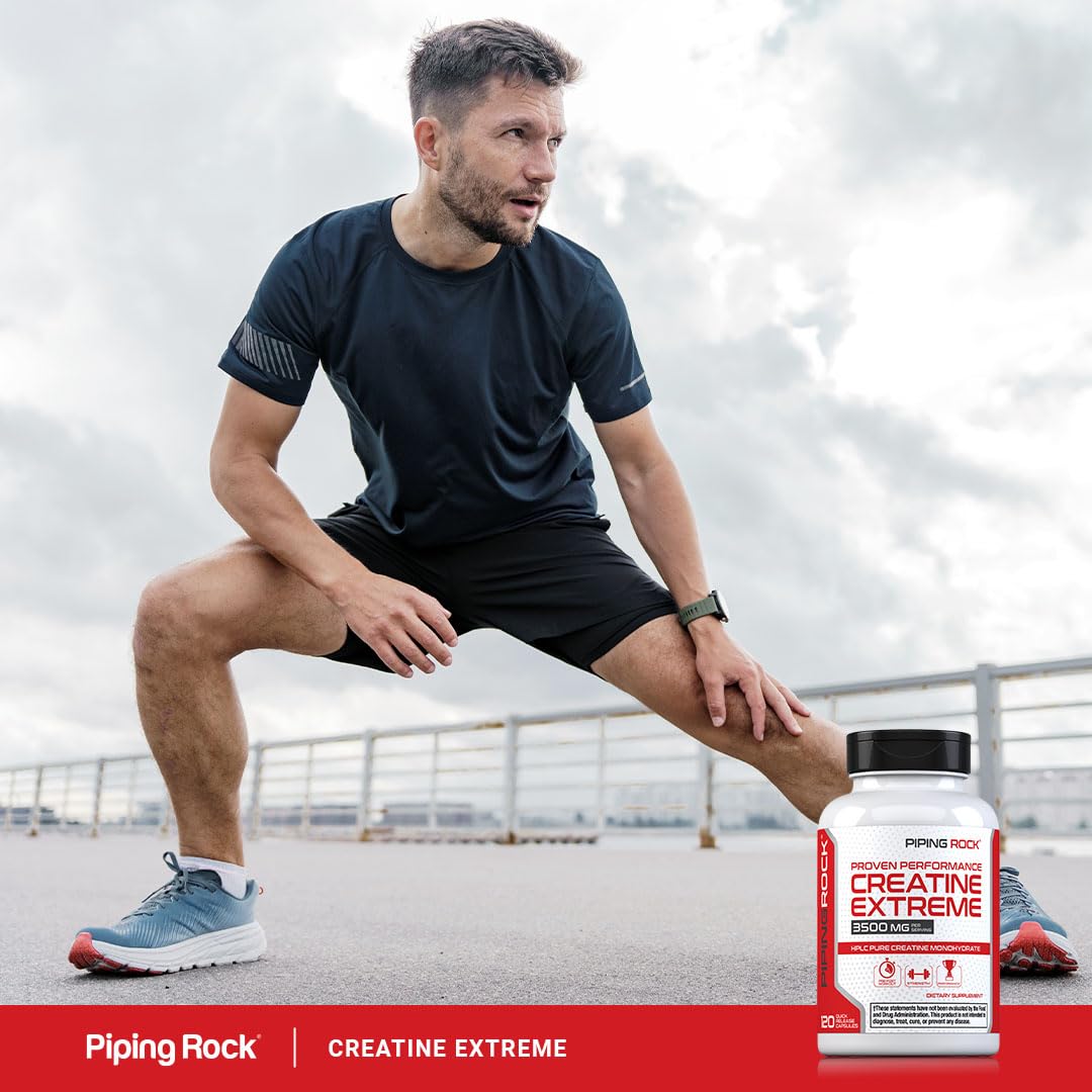Piping Rock creatine monohydrate capsules in hand for on the go.