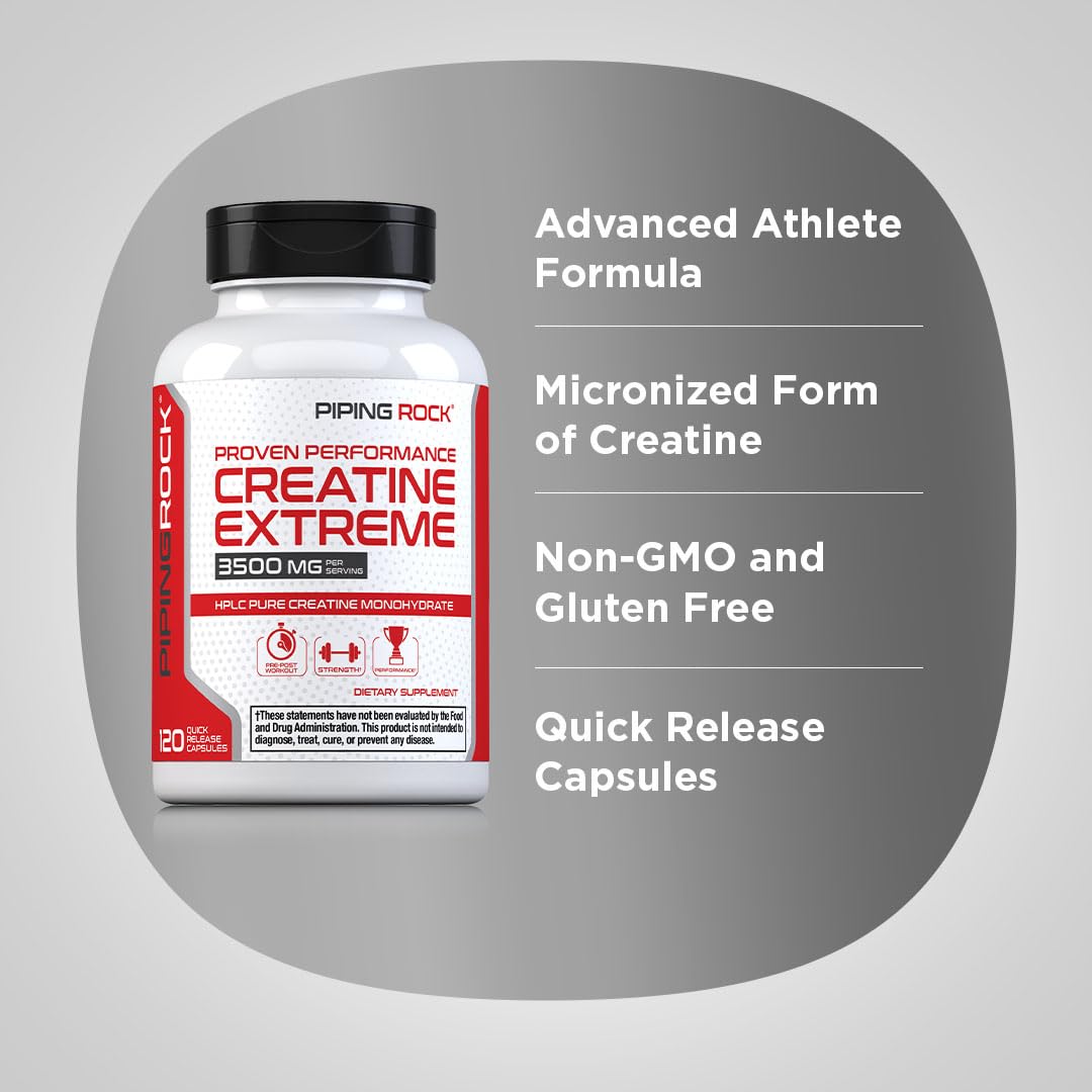 Piping Rock creatine monohydrate capsules serving size panel visible.