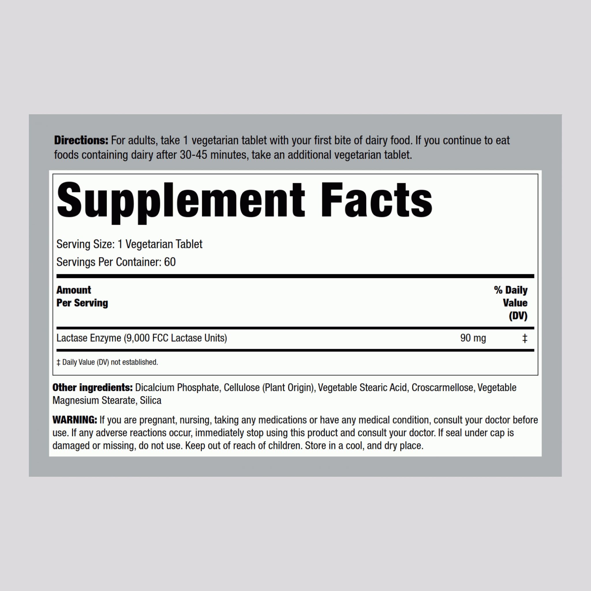 Piping Rock Dairy Relief Pills bottle closeup, shows vegetarian, non-GMO formula.