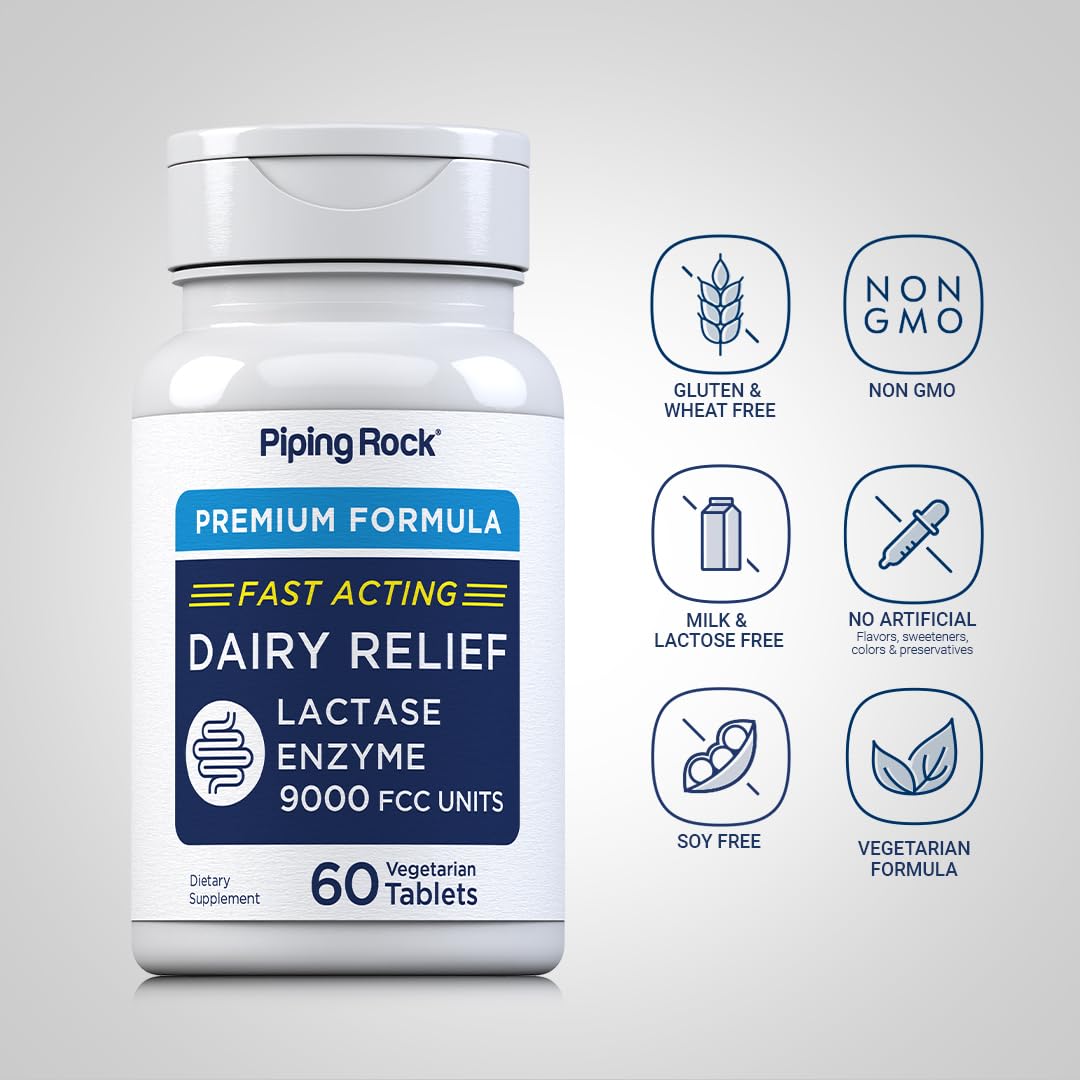 Piping Rock Dairy Relief Pills label detail highlights 9,000 FCC units per pack.