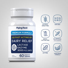 Piping Rock Dairy Relief Pills label detail highlights 9,000 FCC units per pack.