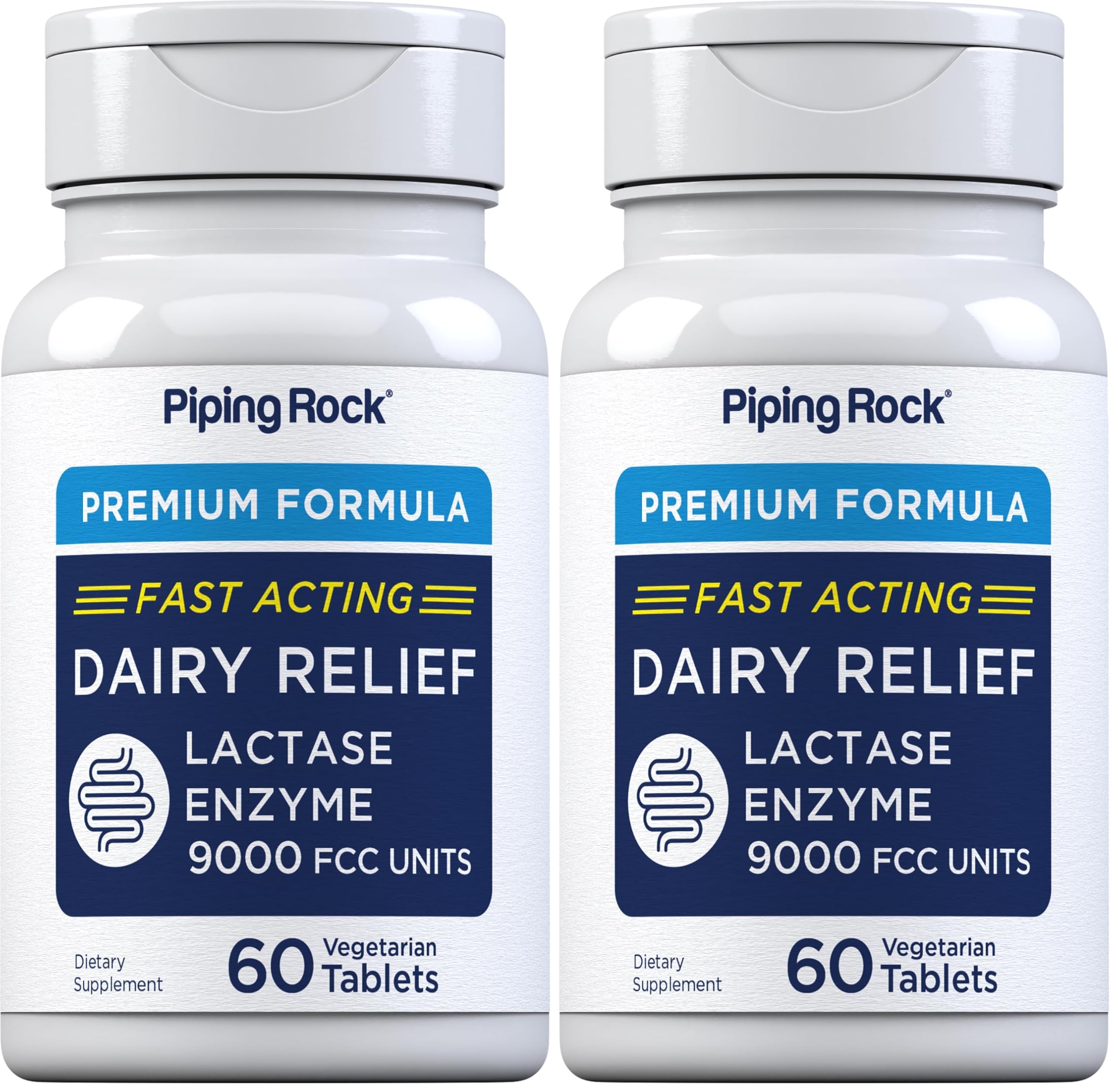 Piping Rock Dairy Relief Pills front view, compact bottle for easy daily use.