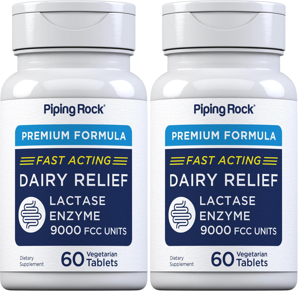 Piping Rock Dairy Relief Pills front view, compact bottle for easy daily use.