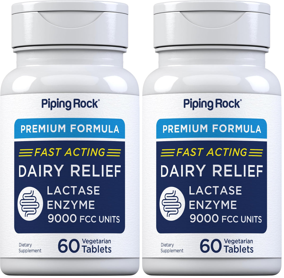 Piping Rock Dairy Relief Pills front view, compact bottle for easy daily use.