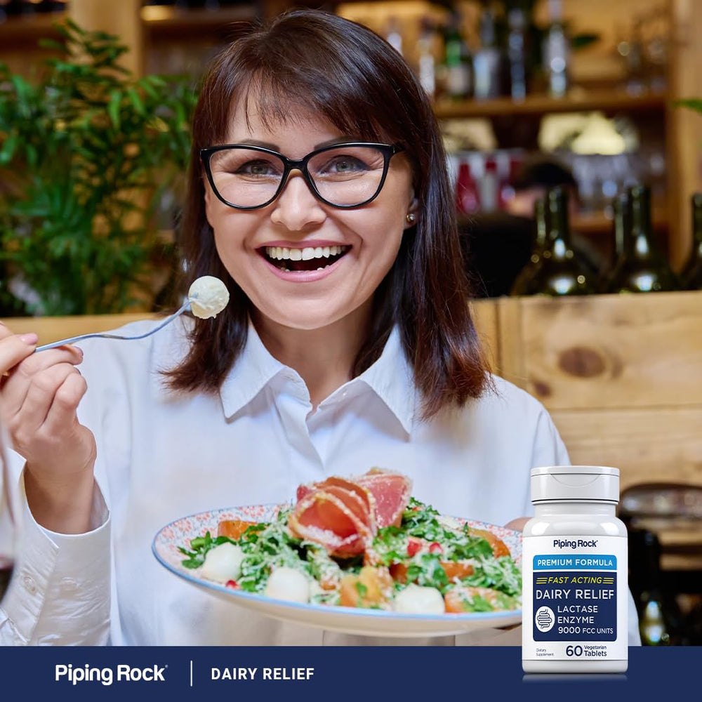 Piping Rock Dairy Relief Pills packaging front, two-pack ready for daily use.