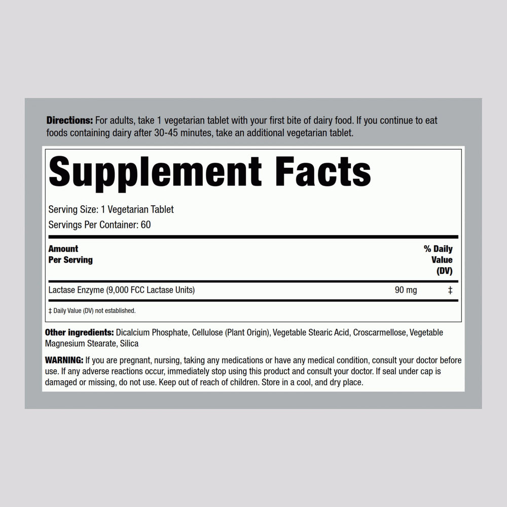 Piping Rock Dairy Relief tablets closeup highlights 9,000 FCC units.