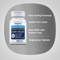 Piping Rock Dairy Relief Pills tablets in blister pack show gluten-free and vegetarian status.