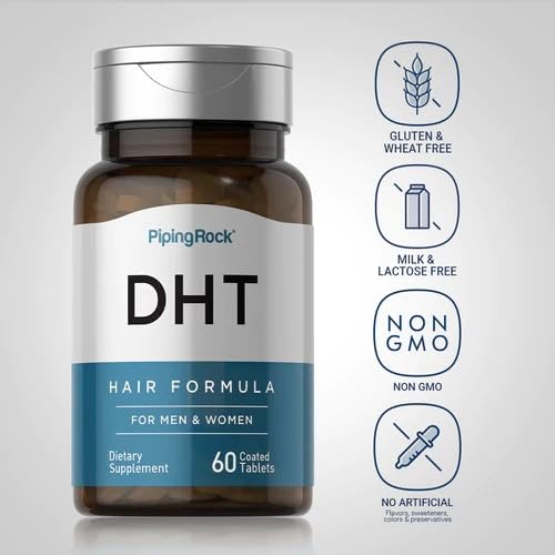 Label detail of Piping Rock DHT Advanced Hair Formula highlighting gluten-free and non-GMO status