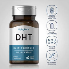 Piping Rock DHT Advanced Hair Formula label details, contains Saw Palmetto and pumpkin seed.