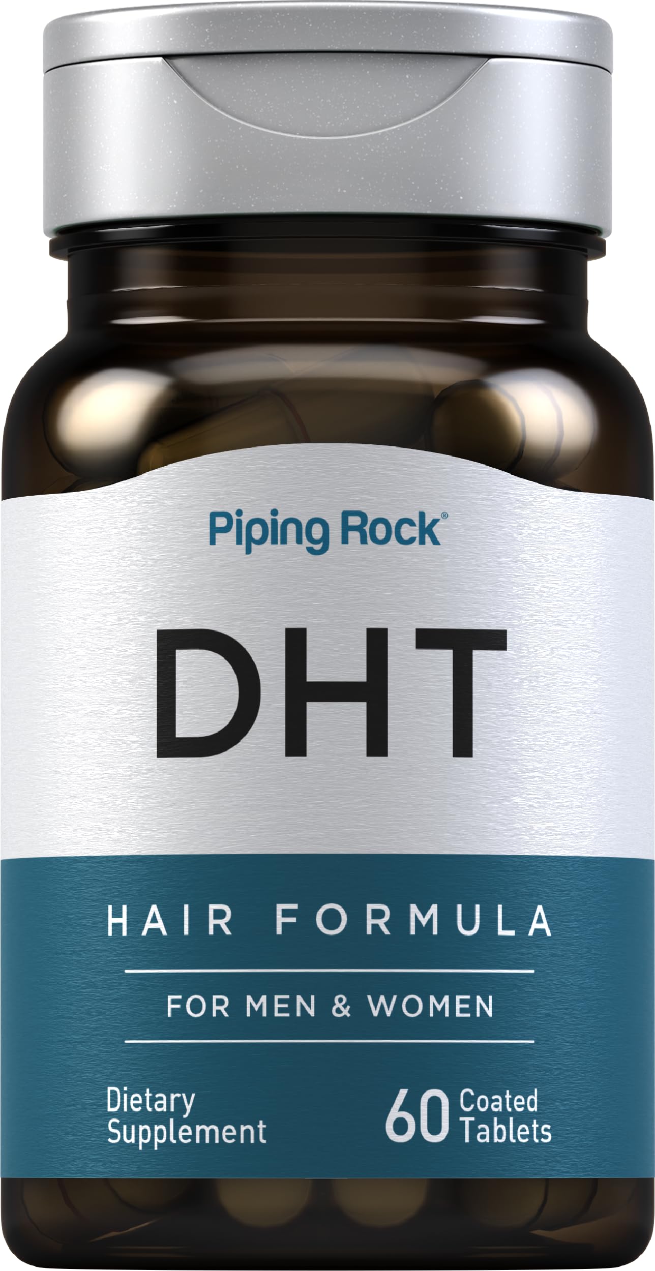 Piping Rock DHT Advanced Hair Formula tablets closeup, easy-to-swallow daily capsules.