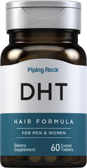 Piping Rock DHT Advanced Hair Formula tablets closeup, easy-to-swallow daily capsules.
