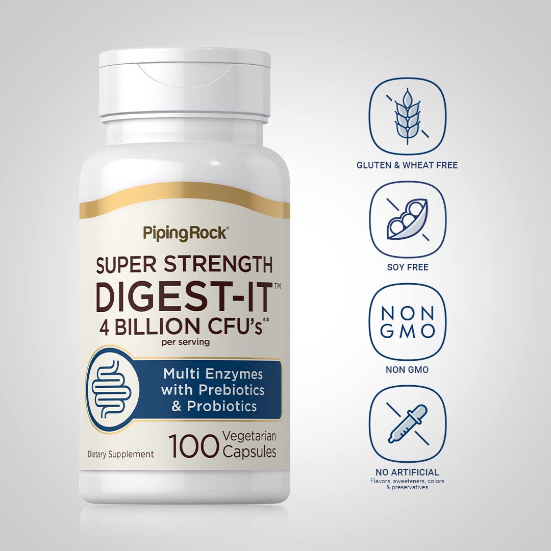 Piping Rock Digestive Enzymes capsules shown for easy swallowing and vegetarian formula.