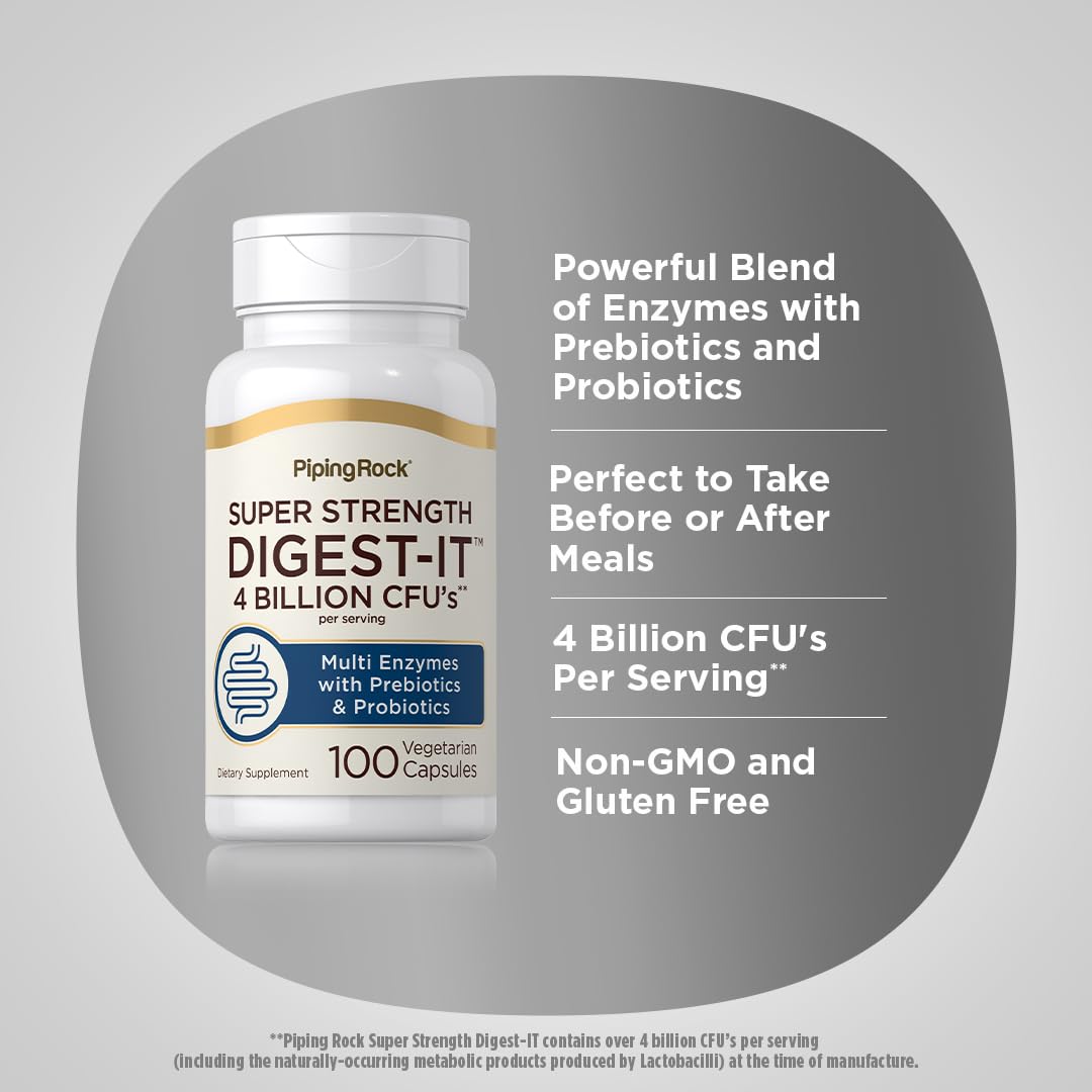 Piping Rock Digestive Enzymes packaging emphasizes non-GMO and gluten-free features.