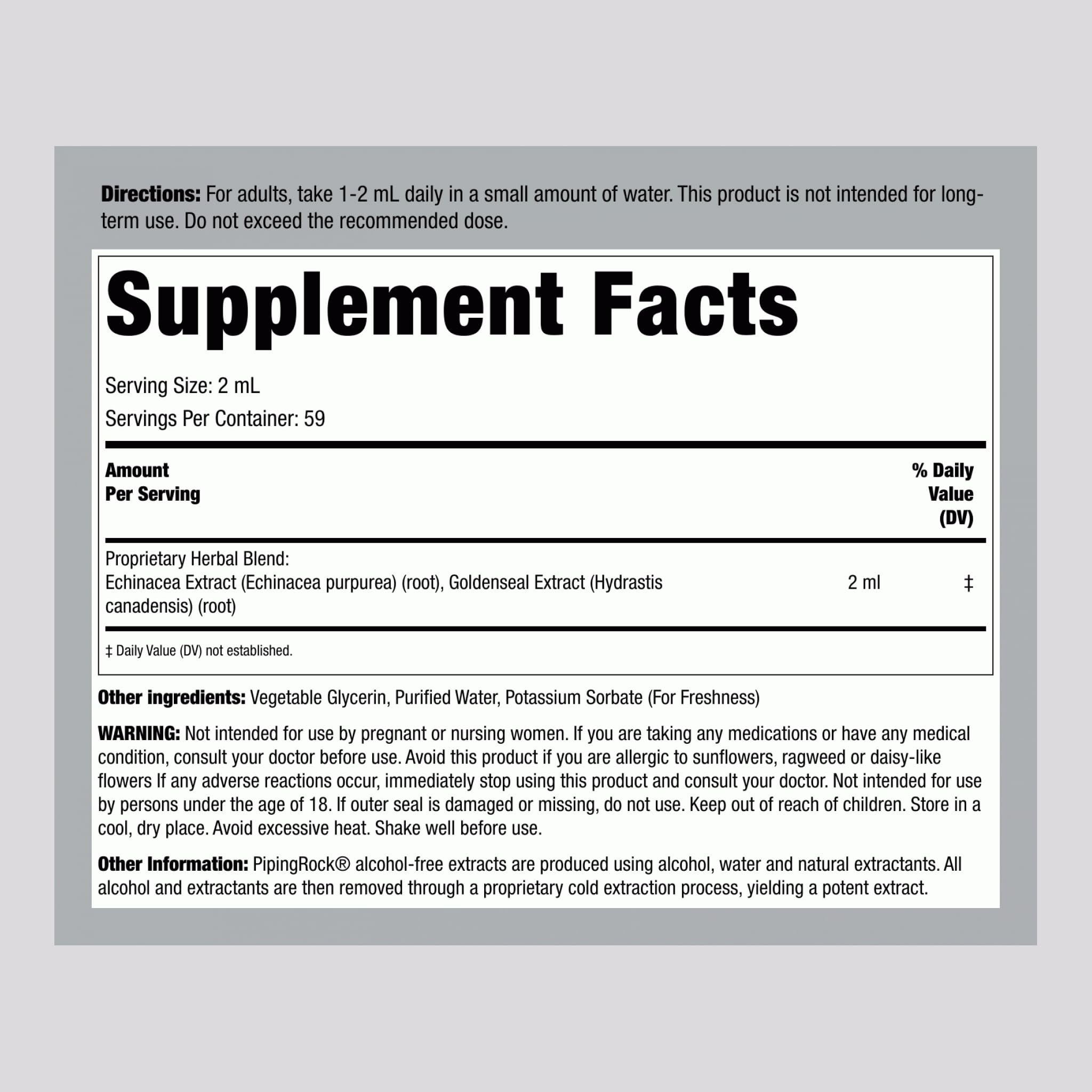 Close-up of Piping Rock label on tincture showing gluten-free and non-GMO.