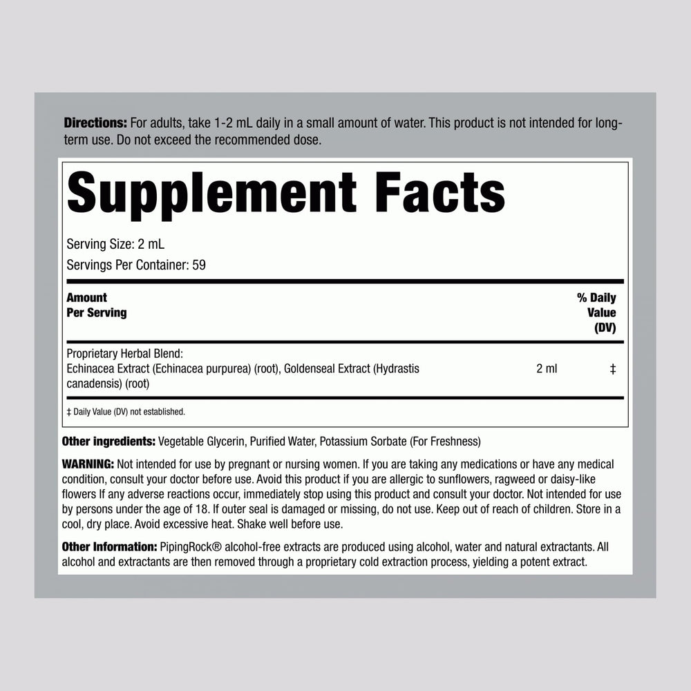 Close-up of Piping Rock label on tincture showing gluten-free and non-GMO.